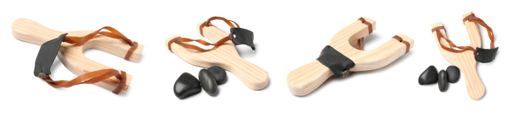 Wooden slingshot with pebbles on white background, collage. Views from different sides