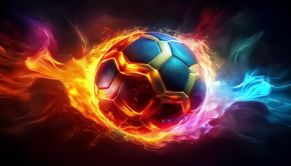 Naklejka premium Dynamic Gold and Black Fiery Soccer Ball on Colorful Fire with Vibrant Flames