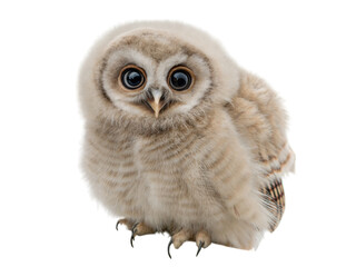 Fototapeta premium Fluffy baby owl perched in nature cute wildlife photography close-up view serenity, isolated on white or transparent background