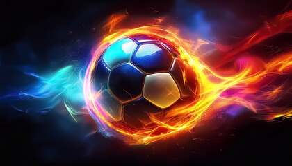 Fototapeta premium Fiery Soccer Ball on Colorful Fire with Vibrant Flames