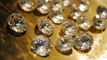 Perfectly cut diamonds scattered across a gold plate, symbolizing wealth and prosperity.