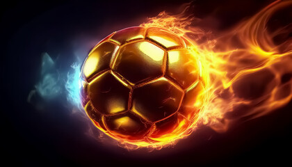 Naklejka premium Gold Soccer Ball on Fire, Fiery Soccer Ball in Motion with Dynamic Flames and Sparks