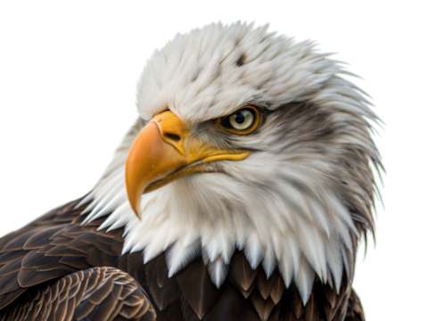 Close-up portrait of a bald eagle in its natural habitat at a wildlife sanctuary, isolated on white or transparent background