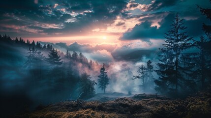 A scenic view of a sunset over a foggy, misty landscape with dramatic skies and soft lighting, creating a peaceful, dreamy ambiance..