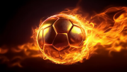 Naklejka premium Gold Soccer Ball on Fire, Fiery Soccer Ball Ignites with Passionate Flames - Dynamic Sports Art