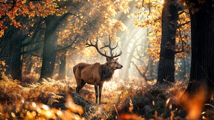 A majestic stag standing in a sunlit autumn forest, with golden leaves and soft sunlight, evoking a peaceful and regal atmosphere..