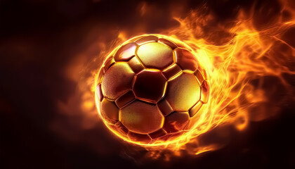 Naklejka premium Gold Soccer Ball on Fire, Fiery Soccer Ball Ignites with Passionate Flames - Dynamic Sports Art