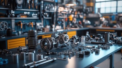 A cluttered workshop with various mechanical parts and components arranged on a workbench. The image emphasizes the detailed and organized environment for mechanical work, engineering, or repairs.
