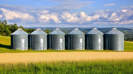 Obraz premium Rural Farm Landscape with Six Green Grain Silos