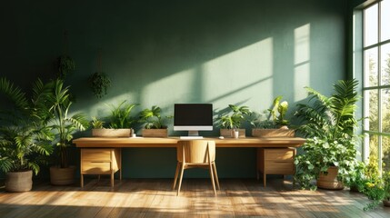 Fototapeta premium A cozy office with a green wall, a desk, and plants around the space. The natural light and greenery make it a calm and peaceful environment for focused work.