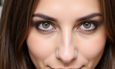 Obraz premium Close-Up Portrait of a Young Adult Caucasian Female with Long Brown Hair and Striking Green Eyes, Capturing an Intimate Expression in Natural Light