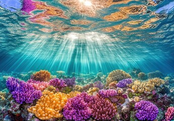 Naklejka premium Vibrant Underwater Scene with Colorful Coral Reefs and Sunlight Filtering Through Clear Water in a Tropical Ocean Environment