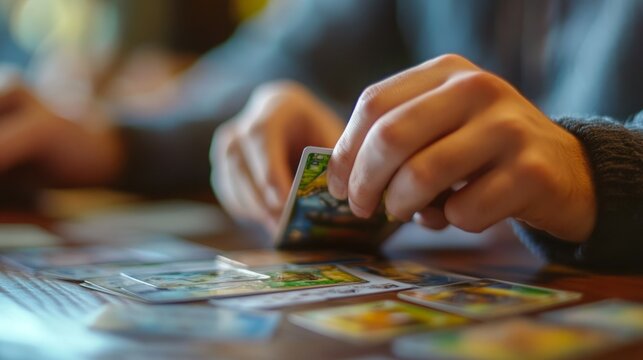 Close-up of hands sorting through colorful illustrated cards.