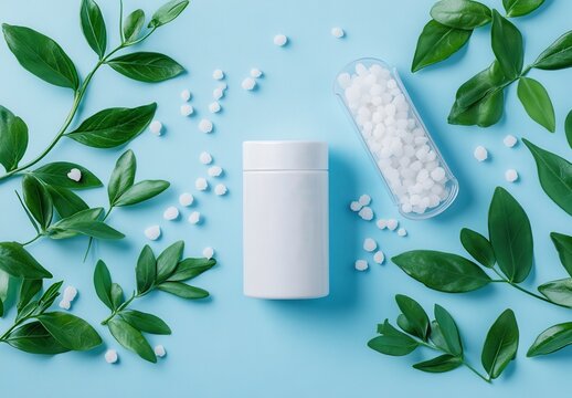 White container with homeopathic pellets among green foliage on a light blue background, nature-inspired arrangement for wellness and natural health concepts