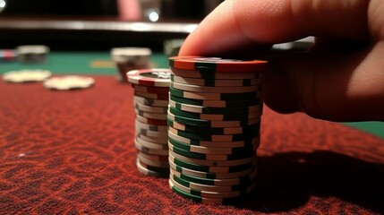 Close-up of a hand placing poker chips on a table.