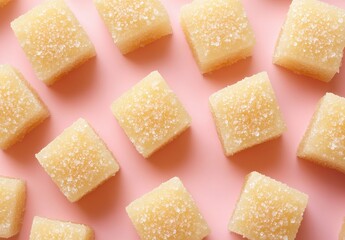 Yellow sugar cubes arranged on a pink backdrop, showcasing a vibrant and colorful dessert aesthetic with a delightful sweet treat presentation