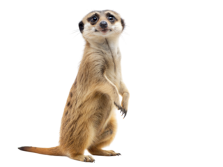 Curious meerkat standing upright on one paw studio setting animal photography playful vibe, isolated on white or transparent background