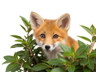 Obraz premium Curious baby fox peeking out from bush nature scene animal photography wildlife close-up, isolated on white or transparent background