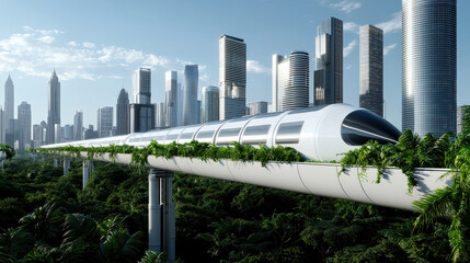 Naklejka premium A futuristic train travels on an elevated track surrounded by lush greenery and modern skyscrapers, blending technology with nature.