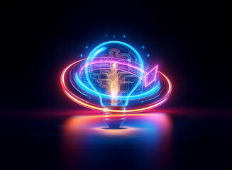 A luminous light bulb with a double exposure effect reveals abstract circuitry and vibrant neon rings against a dark backdrop, symbolizing bright ideas and innovation.
