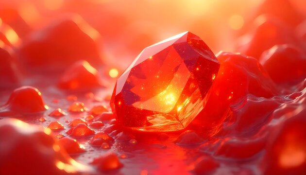 Macro shot of a red ruby gemstone with water droplets.