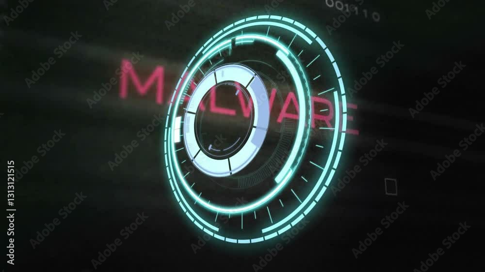 Poster Animation of rotating digital interface elements with MALWARE text in red