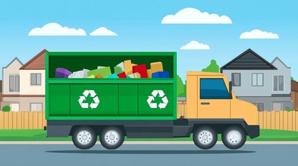 Fototapeta premium Garbage truck with recycling bin full of items on suburban street