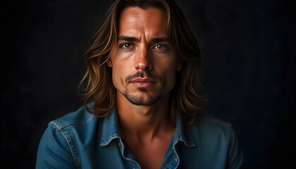 Fototapeta premium Close-up portrait of a handsome man with long hair and blue eyes. A striking close-up portrait of a young man with long hair, blue eyes, and a confident expression against a dark background.