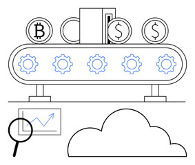 Conveyor belt with Bitcoin, dollar coins, gears symbolizing processing. Includes magnifying glass over analytics, cloud. Ideal for finance, crypto, technology, blockchain automation data