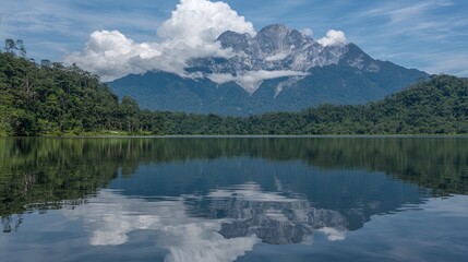 Naklejka premium Serene Mountain Lake Reflection: Lush Greenery and Cloudy Sky