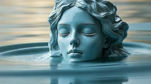 Serene blue statue head, water ripples, peaceful scene, art, abstract, digital design