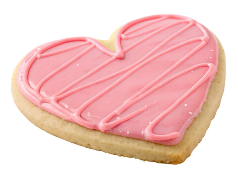 Heart-shaped frosted sugar cookie bakery dessert photography colorful close-up sweet treat, isolated on white or transparent background