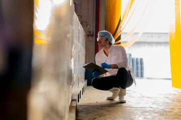 Technician inspecting stacked products in a brightly lit warehouse Focus on quality control...