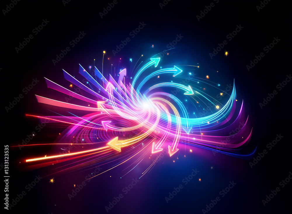 Poster vibrant double exposure art features swirling arrows of light, creating a dynamic flow against a dar