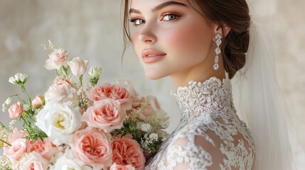 Naklejka premium Elegant Bride with Makeup and Floral Bouquet Smiling Radiantly in Soft Natural Light