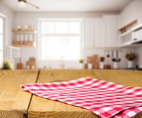 Kitchen wooden table product display in interior.