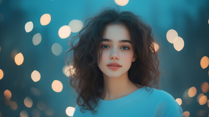 Fototapeta premium young woman with curly hair, softly illuminated by bokeh lights, exudes serene and dreamy atmosphere.
