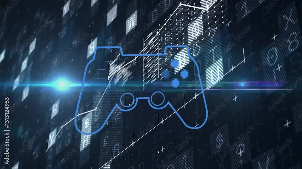 Poster animation of digital game controller with futuristic data and technology elements