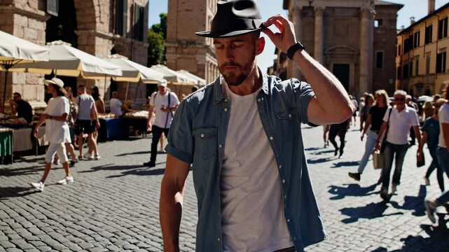 A man in a hat walks confidently through a bustling European square. The video captures him from a low angle, emphasizing the lively street scene.