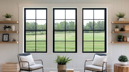 Fototapeta premium Modern farmhouse living room windows overlooking green landscape