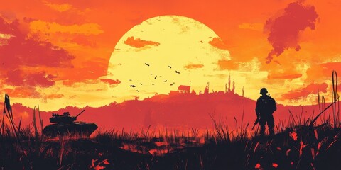 A soldier stands alone observing the landscape at sunset with a tank