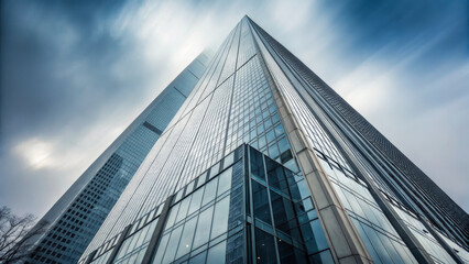 Fototapeta premium Modern skyscraper with reflective glass facade and dramatic sky