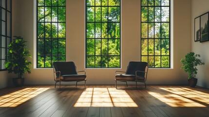Fototapeta premium Modern interior with large windows overlooking lush greenery, ideal for relaxation