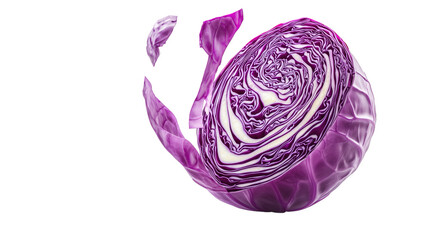 Obraz premium Floating Sliced purple Cabbage with Intricate Swirls Isolated on White Background