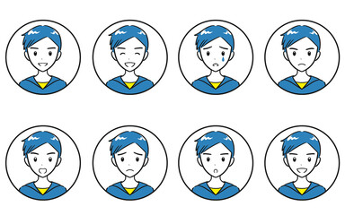 小学生男子の喜怒哀楽・様々な表情のアイコンセット　シンプル