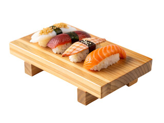 Japanese sushi geta plate in miniature culinary delight studio setting high detail, isolated on white or transparent background