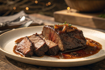 Succulent beef brisket served on plate with rich sauce, garnished with herbs, creating warm and inviting atmosphere. Perfect for hearty meal