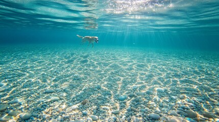 Obraz premium Friendly dog swimming in turquoise waters, crystal clear ocean, visible pebbled seabed, rippling water surface, sunlight reflecting on waves, underwater visibility, gentle coastal waves, tropical