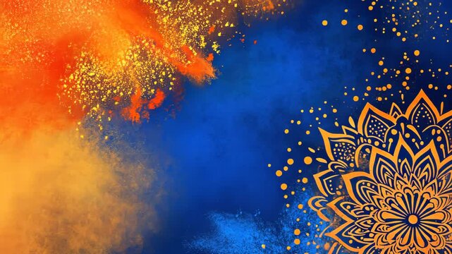 Abstract background featuring splashes of orange and blue powder with intricate golden mandala details inspired by Holi festival celebrations concept of artistic expression and cultural festivity