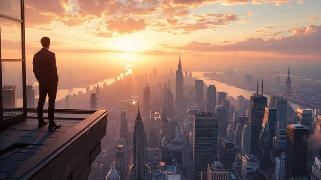 A businessman gazing at the city skyline from a rooftop at sunset, reflecting on success and future goals.
